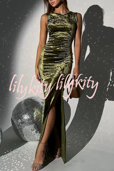 Solid Color Velvet Round Neck Sleeveless Slim Slit Maxi Dress