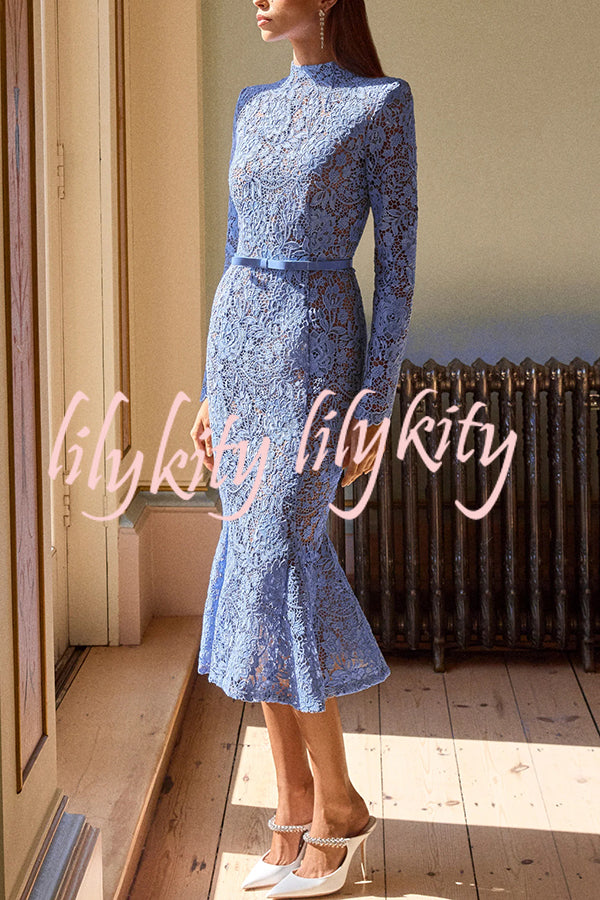 Feminine and Elegant Flower Lace Long Sleeve Bow Belted Flare Midi Dress
