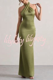 Solid Color Halter Neck Tie Sexy Backless Slim Maxi Dress