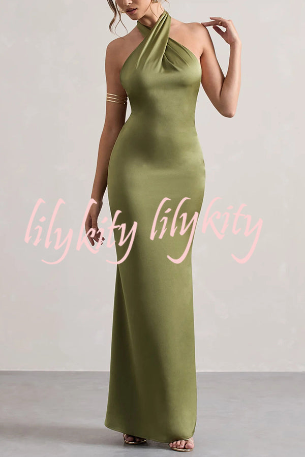 Solid Color Halter Neck Tie Sexy Backless Slim Maxi Dress