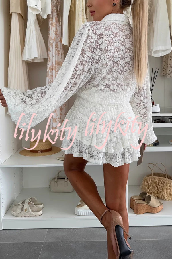 Nicola Lace Long Balloon Sleeve Blouse and Elastic Waist Layered Skort Set