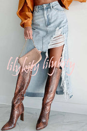 Darla Cutting Ties Heavily Distressed Denim Maxi Skirt