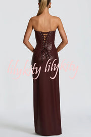 Alba Faux Leather Pleated Off Shoulder Neck Slit Stretch Maxi Dress