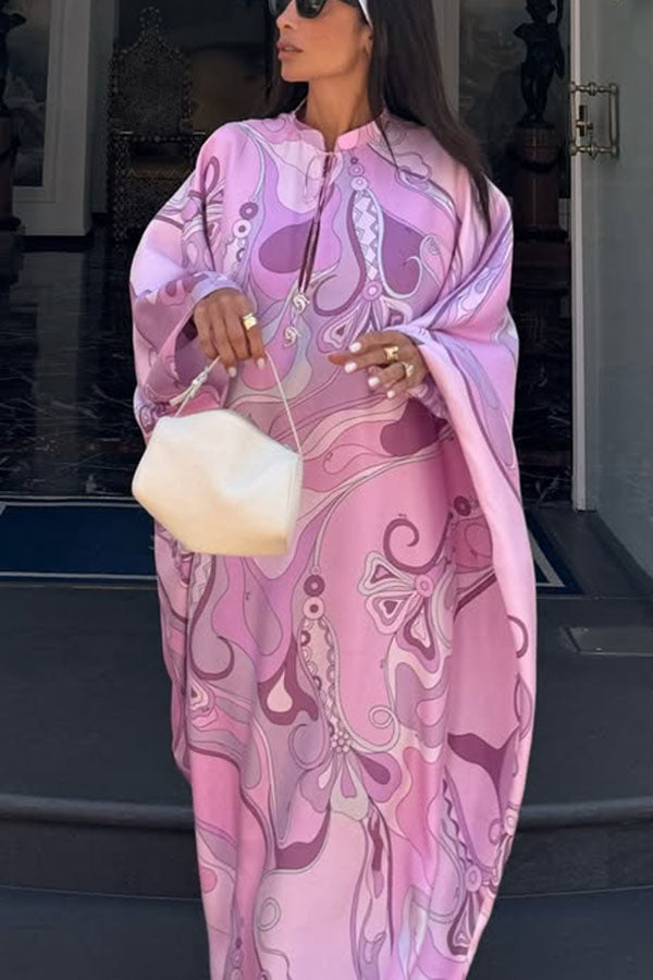 Gayle Satin Unique Print Stand Tie-up Neck Loose Kaftan Maxi Dress