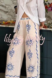 Symbol of Sicily Linen Blend Unique Print Elastic Waist Pocketed Wide Leg Pants