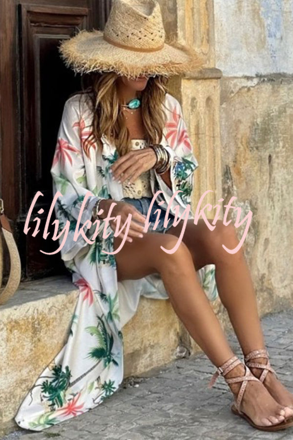 Resort Style Botanical Print Tie-waist Long Cover-up