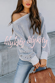 Knitted Striped Round Neck Dolman Sleeve Casual Loose Sweater