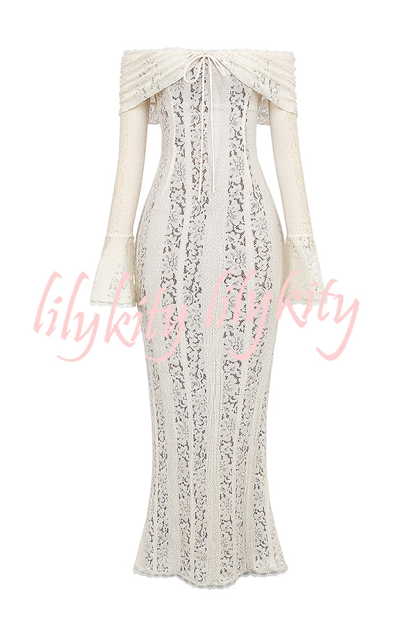 Outline The Curve Floral Lace Off Shoulder Bell Sleeve Stretch Maxi Dress