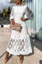 Romantic, Sensual and Elegant Crochet Lace Lantern Sleeve Party Midi Dress