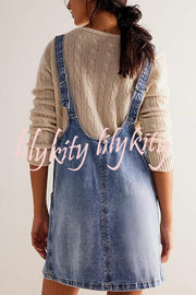 Solid Color Sleeveless V-neck Pocket Adjustable Denim Suspender Mini Dress