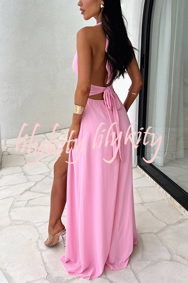 Sexy V-neck Backless Waist Tie High Slit Maxi Dress