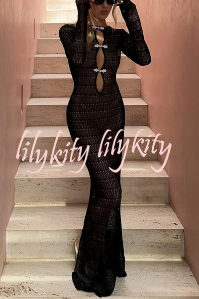 Ensley Knit Contrast Spiral Trim Cutout Long Sleeve Vacation Maxi Dress