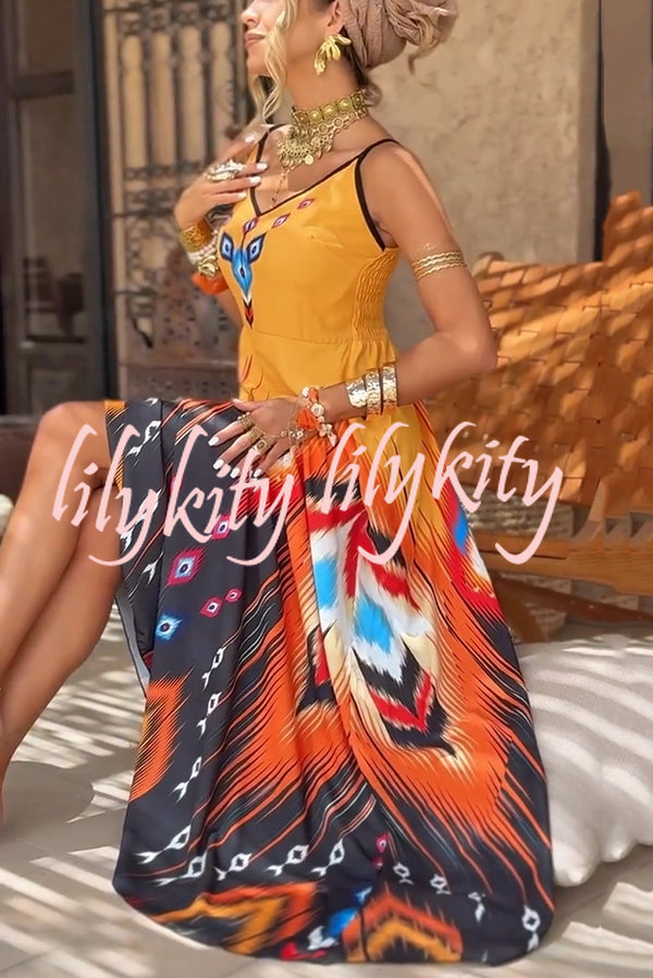 Unique Printed Suspender V-neck Loose Maxi Dress