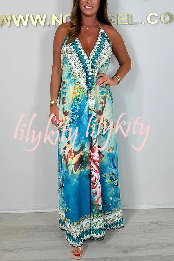 Unique Print V-neck Open Back Loose Maxi Dress