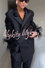 Chic Affair Satin Feather Trim Lapel Loose Blazer and High Rise Pocket Tapered Pants Set