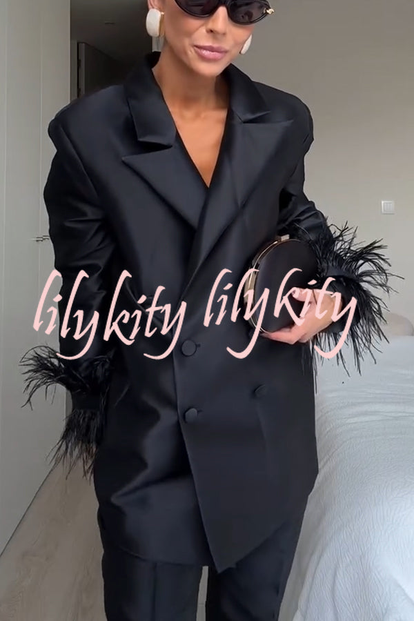 Chic Affair Satin Feather Trim Lapel Loose Blazer and High Rise Pocket Tapered Pants Set