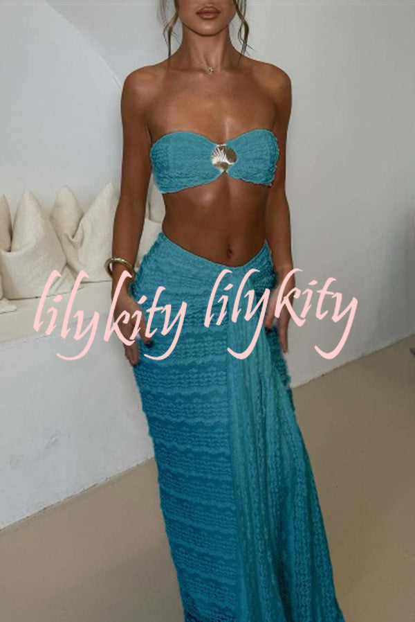 Fashion Metal Shell Embellished Sexy Bandeau and Elastic Tie Maxi Skirt Set