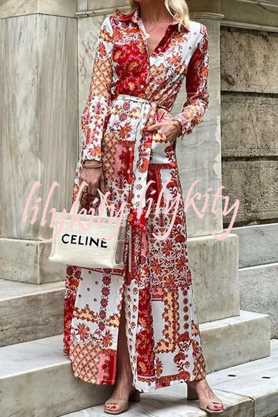 Bohemian Style Unique Printed Shirt Waist Tie Maxi Dress