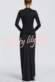 Sexy Cutout Fitted Long-sleeved Pleated Satin Ribbon Maxi Dresses