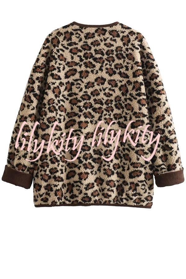 Warm Feel Colorblock Leopard Print Plush Button Up Pocketed Teddy Jacket