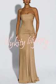 Paula Sequined Mesh and Jersey Off Shoulder Ruched Knot Drape Shawl Maxi Dress