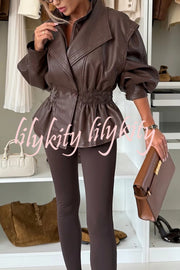 Play It Cool Faux Leather Single Button Elastic Waist Lapel Moto Jacket
