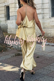Satin Solid Color Loose Backless Casual Top