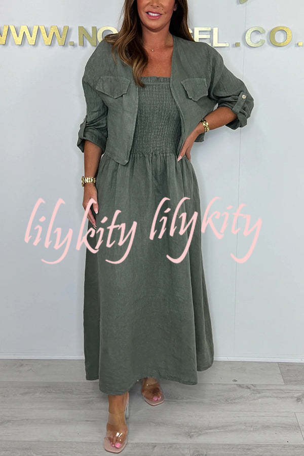 Solid Color Casual Short Jacket and Suspender Pleated Maxi Dress Set
