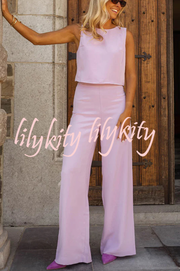 Modern and Elegant Solid Crop Tank and High Rise Flare Loose Pants Set