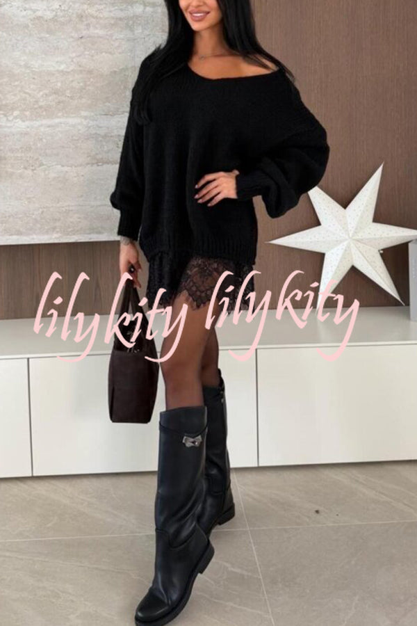 Comfy and Sweet Knit Lace Patchwork Hem Wide Neck Long Sleeve Loose Sweater