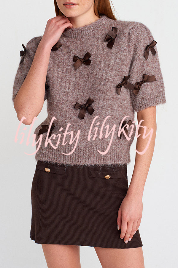 Jensin Knit Satin Bow Detail Short Sleeve Crop Sweater