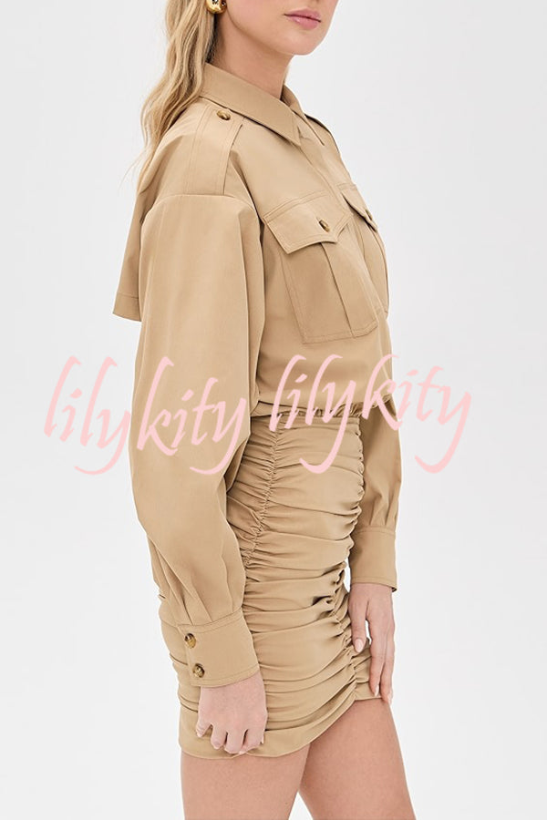 Soraya Epaulette Button Design Long Sleeve Ruched Hem Shirt Mini Dress