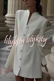 Solid Color Long-sleeved Slim-fit Button-down Casual Mini Dress