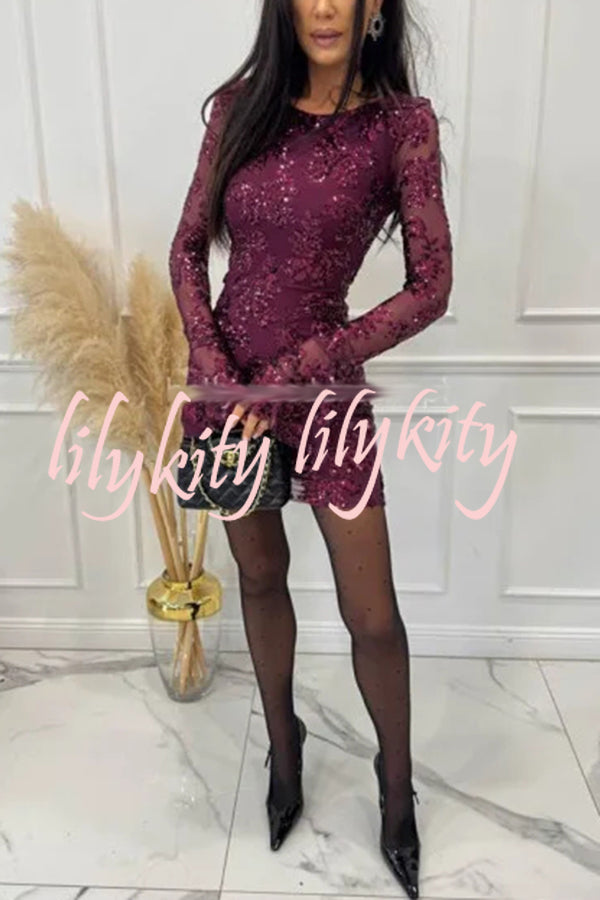 Deep and Dazzling Floral Texture Sequin Long Bell Sleeve Open Back Mini Dress