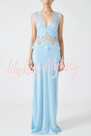 Wonderful Fusion Satin Lace Trim See-through Waist V-neck Drape Maxi Dress