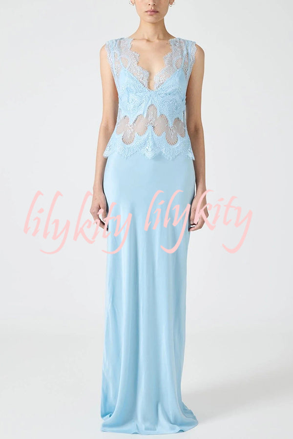 Wonderful Fusion Satin Lace Trim See-through Waist V-neck Drape Maxi Dress