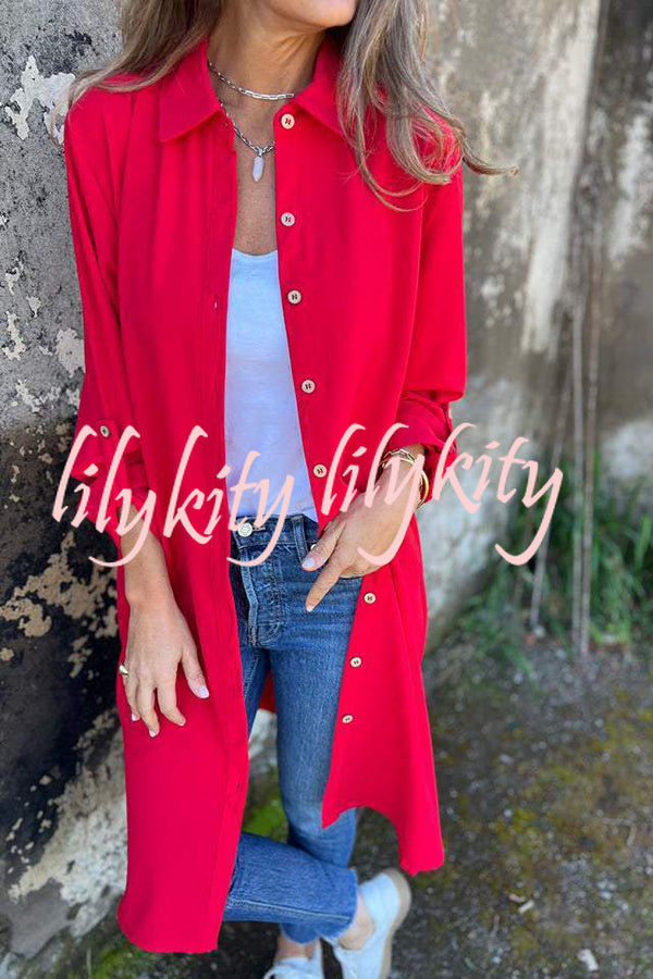 Solid Color Lapel Long Sleeve Button Casual Long Shirt