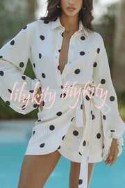 Effortlessly Linen Blend Polka Dot Balloon Sleeve Blouse and Wrap Tie-up Loose Mini Skirt Set