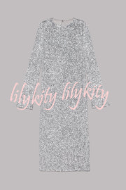 Ignite Sparkly Nights Sequin Extra Long Sleeve Open Back Loose Midi Dress