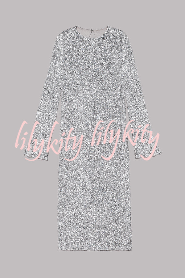 Ignite Sparkly Nights Sequin Extra Long Sleeve Open Back Loose Midi Dress