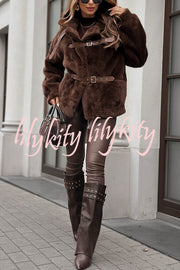 Chill Whispers Belt Buckle Design Long Sleeve Pocket Lapel Plush Coat