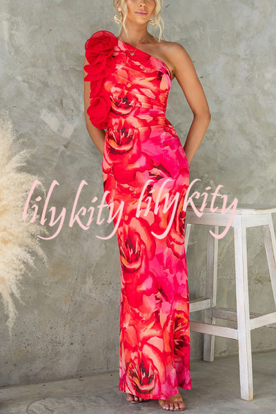 Floral Print Sleeveless 3D Flower One Shoulder Slim Maxi Dress