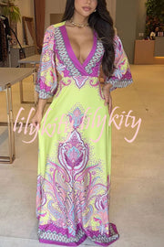 Stand Out and Shine Palace Style Print Bell Sleeve Backless Vacation Maxi Dress