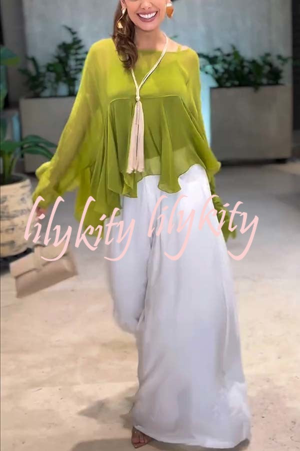 Romantic Journey Chiffon Ruffle Batwing Sleeve Top and Elastic Waist Pocket Loose Pants Set