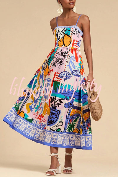 Unique Printed Sling Back Pleated Holiday Midi Dress