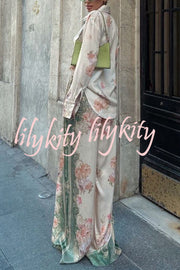 Antibes Satin Court Unique Printed Long Sleeve Loose Shirt and Elastic Waist Pants Set