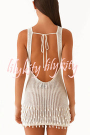 Fashion Knit Hollow Beaded Tassel Embellished Sleeveless Slim Mini Dress