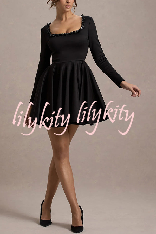 Playful Elegance Pearl Embellished Trim Long Sleeve Pleated Mini Dress