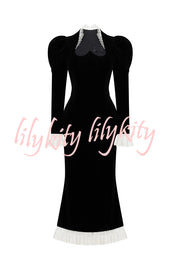 Baroque Style Velvet Lace Trim Sweetheart Neck Long Sleeve Flare Midi Dress