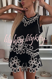 Angie Embroidery Cut-out Sleeveless Top and Elastic Waist Loose Shorts Set